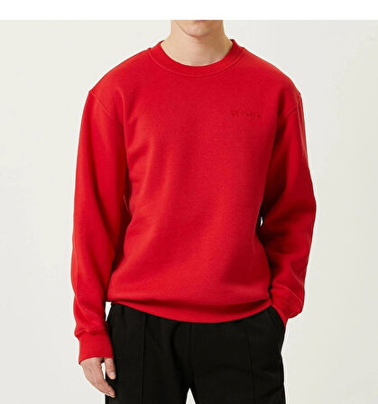 Erkek Bisiklet Yaka Basic Kırmızı 3 İplik İçi Polarlı Şardonlu Sweatshirt