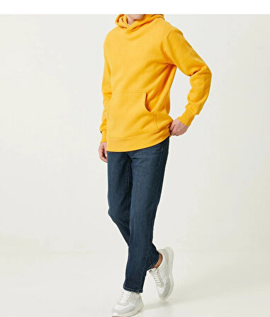 Sarı Organik Kapüşonlu Oversize 3 İplik İçi Polarlı Şardonlu Sweatshirt