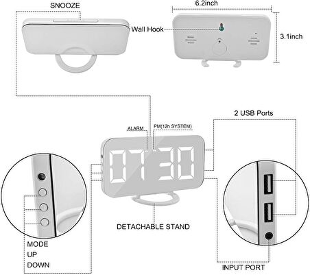 Aynalı LED Dijital Saat 2 USB Hızlı Şarj Alarmlı Masa Saati