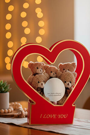 Özel Kalpli Kutuda Romantik Mesajlı Aynası ile Boz 5'li Peluş Ayıcık Buleti