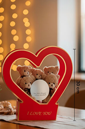 Özel Kalpli Kutuda Romantik Mesajlı Aynası ile Boz 5'li Peluş Ayıcık Buleti