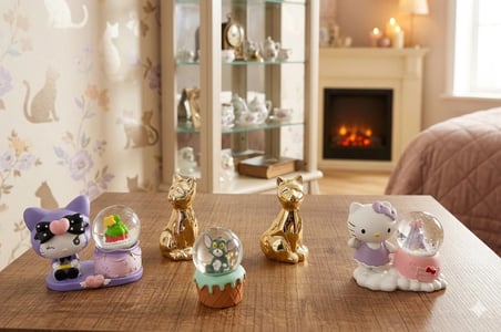 Altın Sarısı Kedi ve,Kuromi,Tom ve Hello Kitty Figürlü kar küreleri 5'li Set Tek Bir Pakette(dilediğiniz notu hediye paketi üzerine yazılı şeklinde gönderim yapılmaktadır)