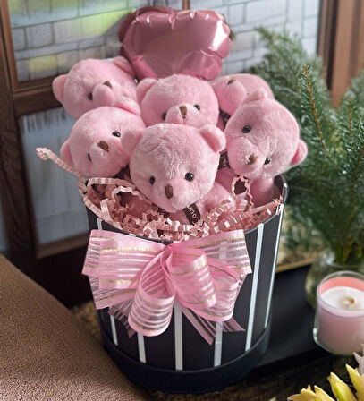 Premium Silindir Hediye Kutusunda, Kalpli Balonlu 6’lı Pembe Ayıcık Buketi