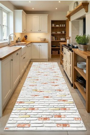 Yıkanabilir Kaymaz Mod0 Beyaz Mutfak Halısı Tüy Tutmaz Leke Tutmaz