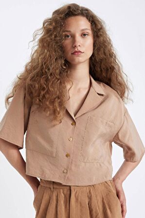 DeFacto Oversize Geniş Kalıp Pijama Yaka Modal Kısa Kollu Gömlek X7255AZ24HSBG138