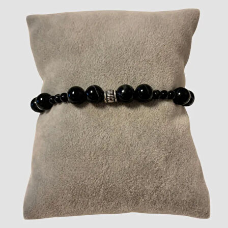 Uretti - Şerife 8341 El Yapımı Bostawana Akik Erkek Doğal Taş Bileklik 17cm  - Siyah