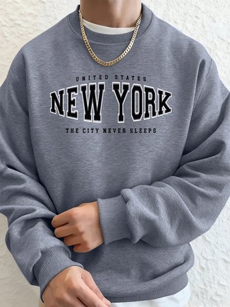 New York ABD Sanat Mektup Baskıları Erkek Kapüşonlular Sonbahar Bisiklet Yaka Tişörtü Temel P