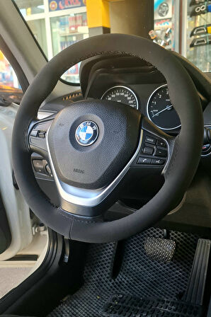 Bmw ile Uyumlu Dikmeli Direksiyon Kılıfı Alkantara Siyah