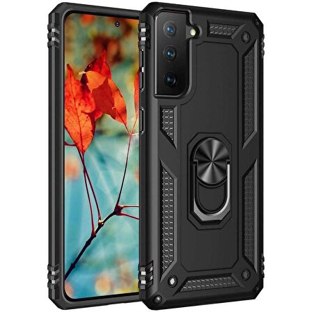 Smcase Samsung Galaxy S21 5G Kılıf Vega Yüzüklü Standlı Tank Kapak  Nano Ekran Koruyucu