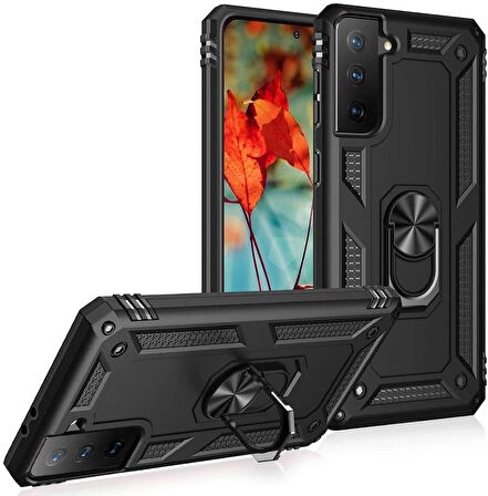 Smcase Samsung Galaxy S21 5G Kılıf Vega Yüzüklü Standlı Tank Kapak  Nano Ekran Koruyucu