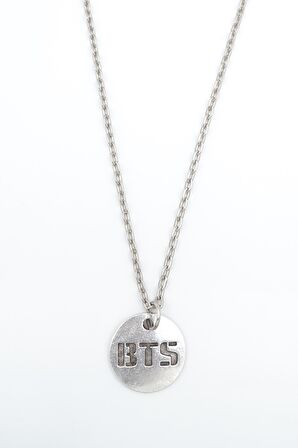 BTS Madalyon Erkek Kadın Kolye Antik Gümüş Kaplama - 60 cm Düz Zincir