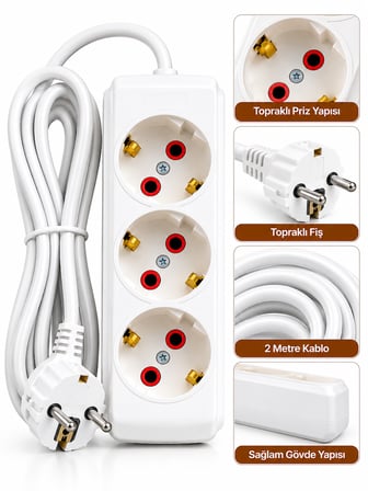3'lü Topraklı Grup Priz 2-3-5 Metre Kablo Seçenekli Çocuk Korumalı 3500W 16A Beyaz Uzatma Kablosu