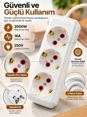 3'lü Topraklı Grup Priz 2-3-5 Metre Kablo Seçenekli Çocuk Korumalı 3500W 16A Beyaz Uzatma Kablosu