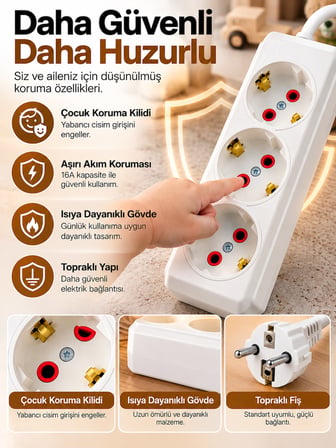 3'lü Topraklı Grup Priz 2-3-5 Metre Kablo Seçenekli Çocuk Korumalı 3500W 16A Beyaz Uzatma Kablosu