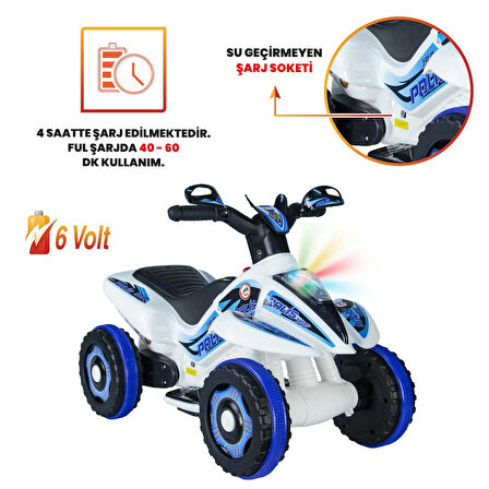 Uj Toys Müzikli ve Led Işıklı Akülü Atv 6V Safari-Beyaz Polis