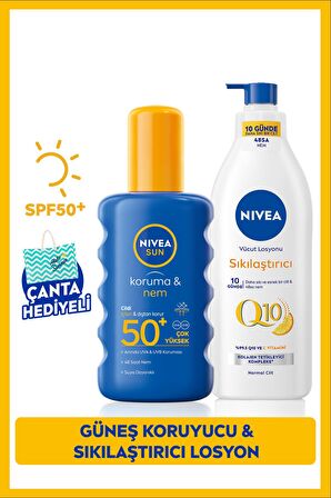 Nivea Sun Güneş Koruyucu Vücut Spreyi 200ml Spf50 Ve Q10 Sıkılaştırıcı Vücut Losyonu 400ml, Çanta Hediye