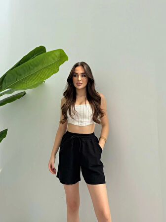 Siyah Keten Şort Çift Cep Detaylı Beli Bağlamalı