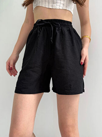 Siyah Keten Şort Çift Cep Detaylı Beli Bağlamalı
