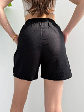 Siyah Keten Şort Çift Cep Detaylı Beli Bağlamalı