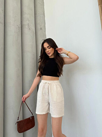 Krem Keten Şort Çift Cep Detaylı Beli Bağlamalı