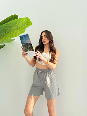 Gri Keten Şort Çift Cep Detaylı Beli Bağlamalı