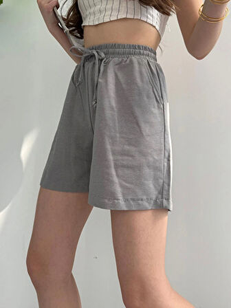 Gri Keten Şort Çift Cep Detaylı Beli Bağlamalı