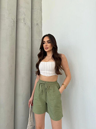Yeşil Keten Şort Çift Cep Detaylı Beli Bağlamalı