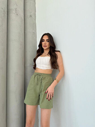 Yeşil Keten Şort Çift Cep Detaylı Beli Bağlamalı