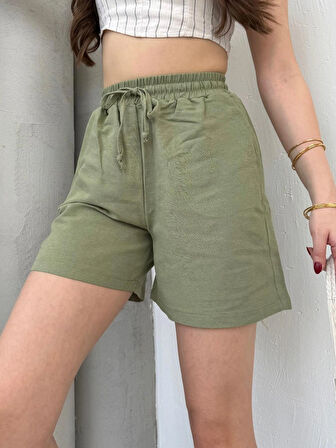 Yeşil Keten Şort Çift Cep Detaylı Beli Bağlamalı