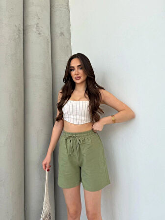 Yeşil Keten Şort Çift Cep Detaylı Beli Bağlamalı