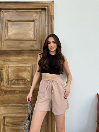 Vizon Keten Şort Çift Cep Detaylı Beli Bağlamalı