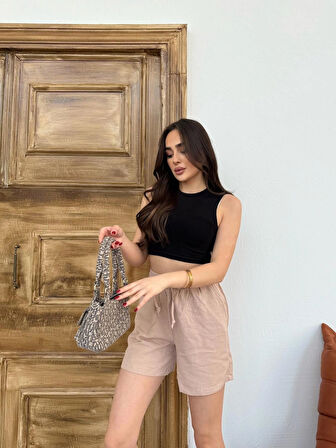 Vizon Keten Şort Çift Cep Detaylı Beli Bağlamalı