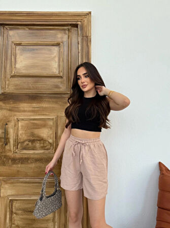 Vizon Keten Şort Çift Cep Detaylı Beli Bağlamalı