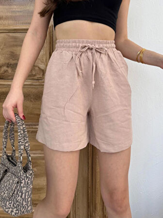 Vizon Keten Şort Çift Cep Detaylı Beli Bağlamalı