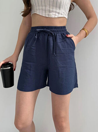 Lacivert Keten Şort Çift Cep Detaylı Beli Bağlamalı