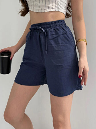 Lacivert Keten Şort Çift Cep Detaylı Beli Bağlamalı
