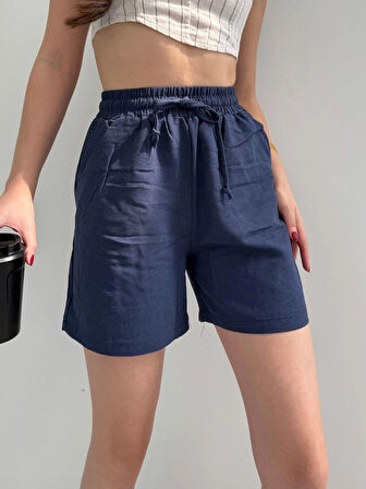 Lacivert Keten Şort Çift Cep Detaylı Beli Bağlamalı