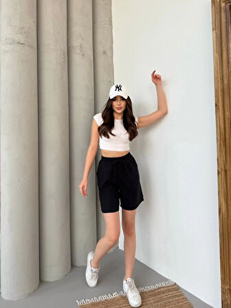 Siyah Su Yolu Çizgili Yazlık  Şort S