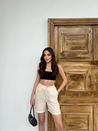 Bej Su Yolu Çizgili Yazlık  Şort M