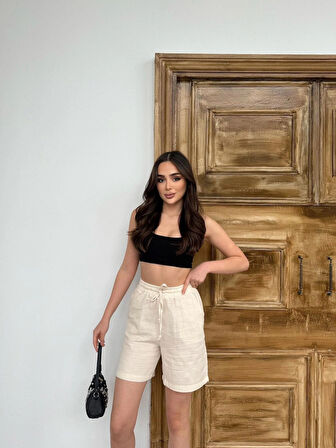 Bej Su Yolu Çizgili Yazlık  Şort M
