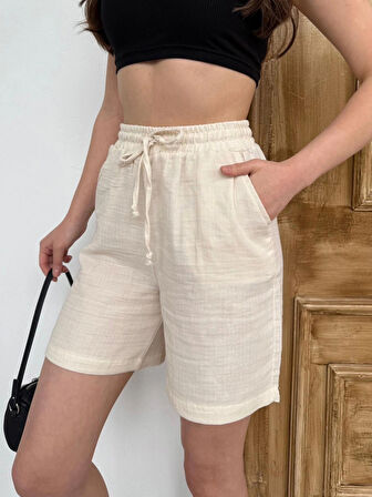 Bej Su Yolu Çizgili Yazlık  Şort M