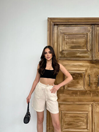 Bej Su Yolu Çizgili Yazlık  Şort M