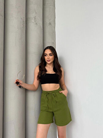 Yeşil Su Yolu Çizgili Yazlık  Şort XL