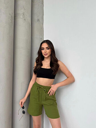 Yeşil Su Yolu Çizgili Yazlık  Şort XL
