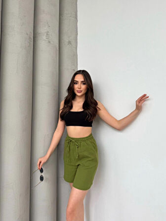 Yeşil Su Yolu Çizgili Yazlık  Şort XL