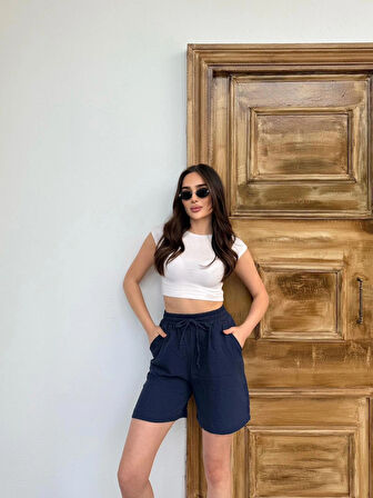 Lacivert Su Yolu Çizgili Yazlık  Şort L
