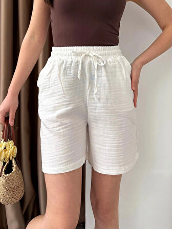 Beyaz Su Yolu Çizgili Yazlık  Şort M