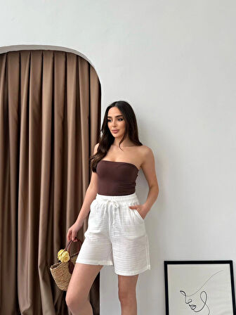 Beyaz Su Yolu Çizgili Yazlık  Şort XL