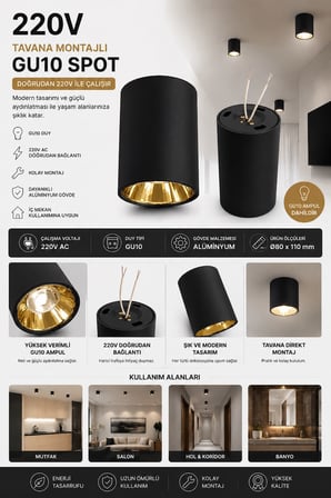 Siyah Gold Metal GU10 Spot Armatür 4000K Gün Işığı - Ampul Dahil