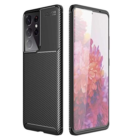 Smcase Samsung Galaxy S21 Ultra 5G Kılıf Karbon Dokulu Negro Silikon  Tam Kapatan Ekran Koruyucu